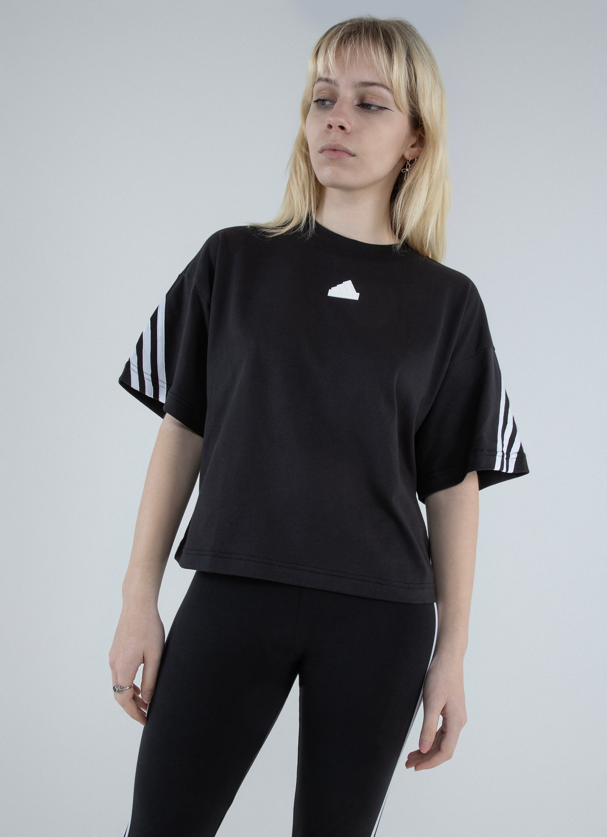 Black adidas on sale shirt white stripes