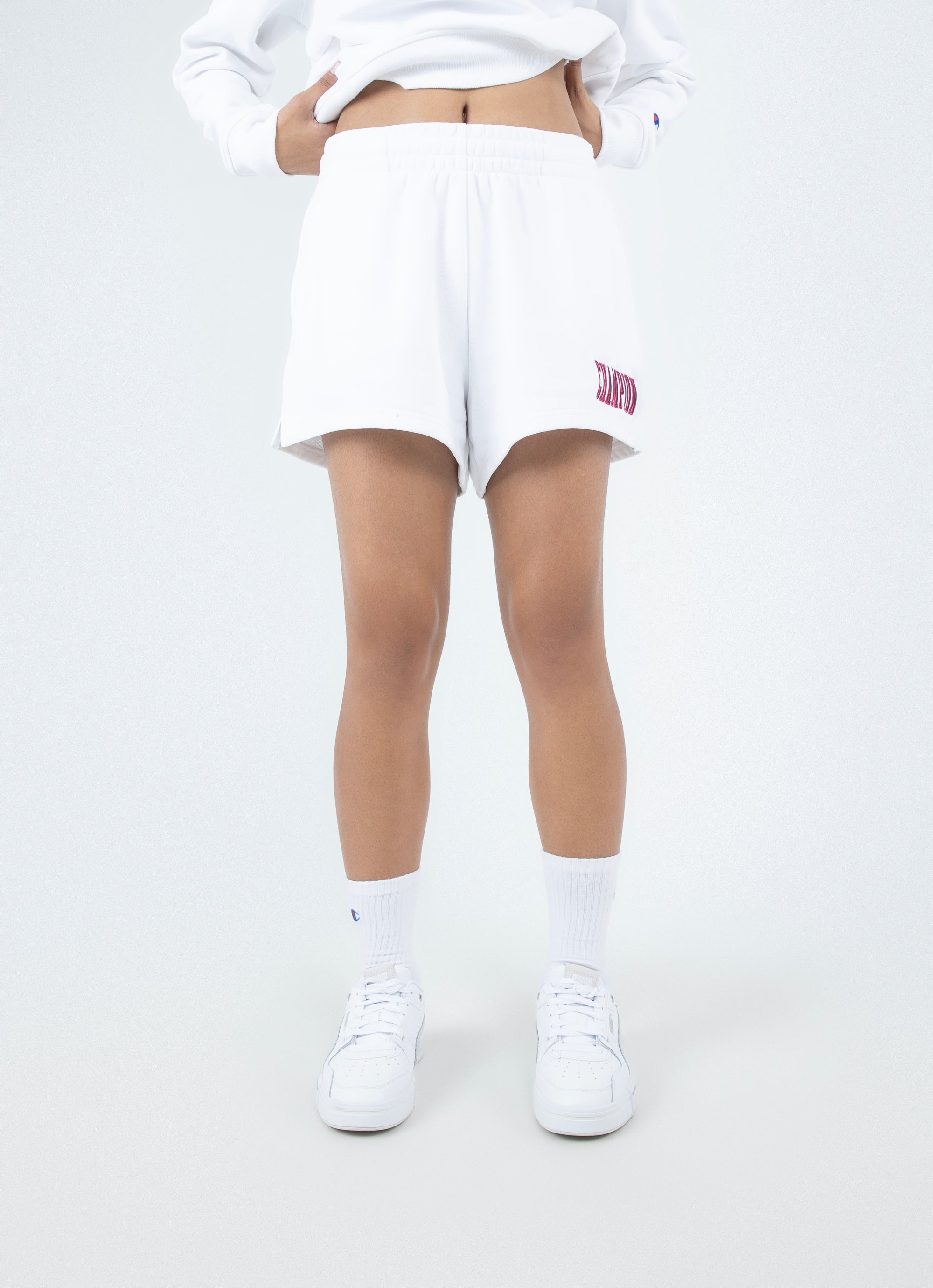 Champion Reverse Weave 90s Logo Shorts - Womens in White | Red Rat