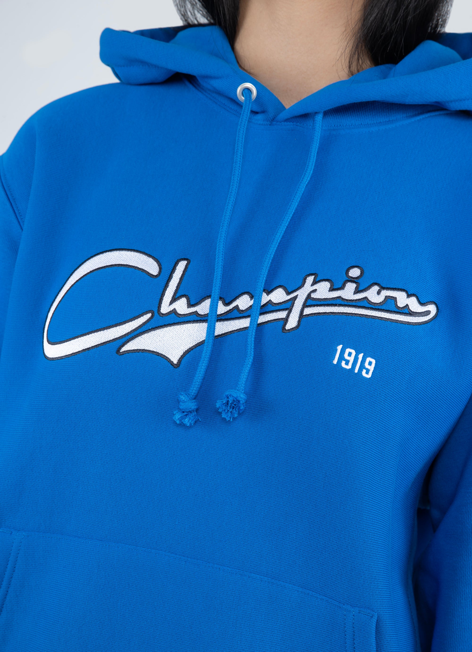 Champion Reverse Weave Cursive Logo Hoodie in Blue Red Rat