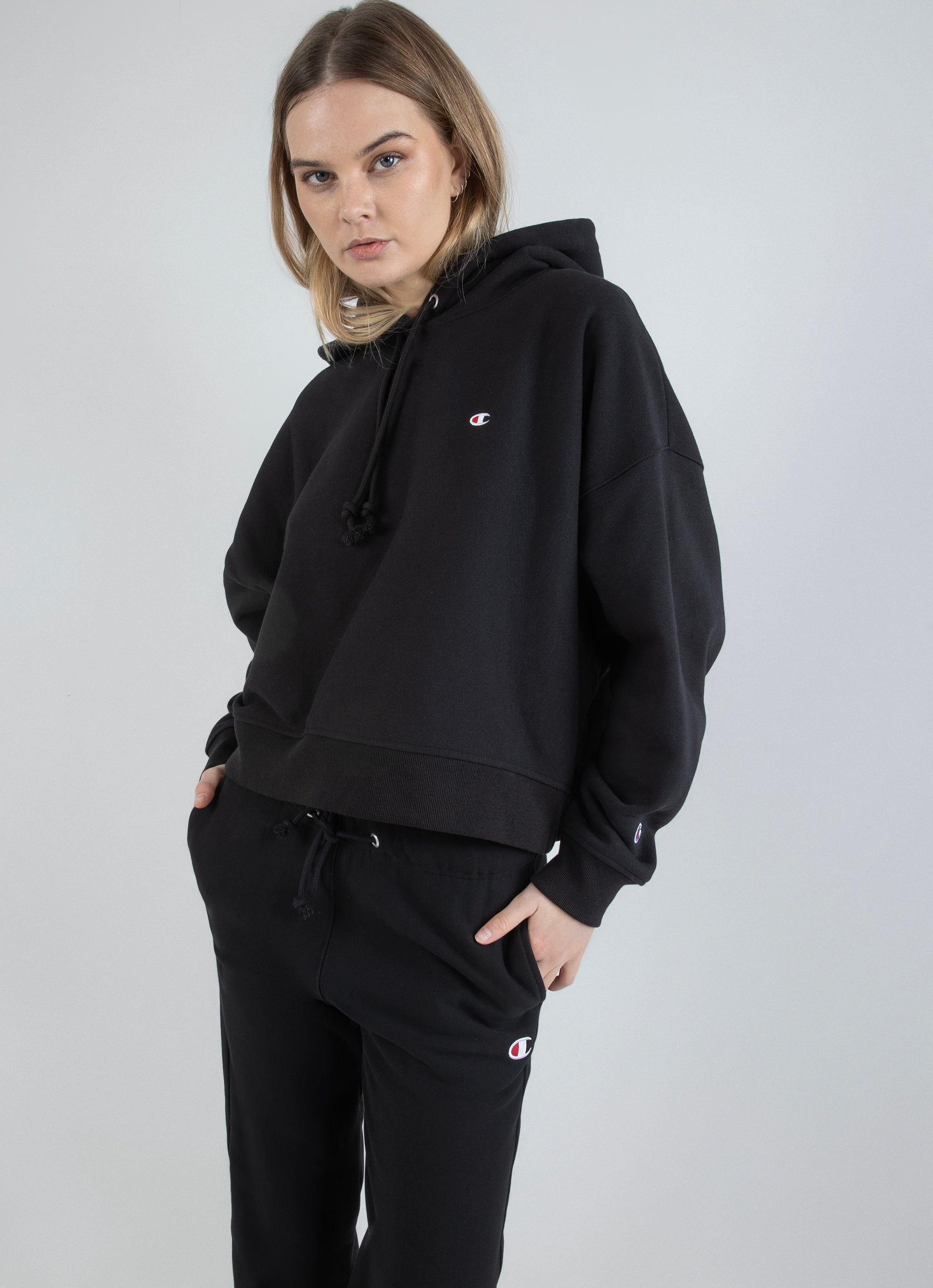 Champion Reverse Weave Level Up Hoodie Womens in Black Red Rat