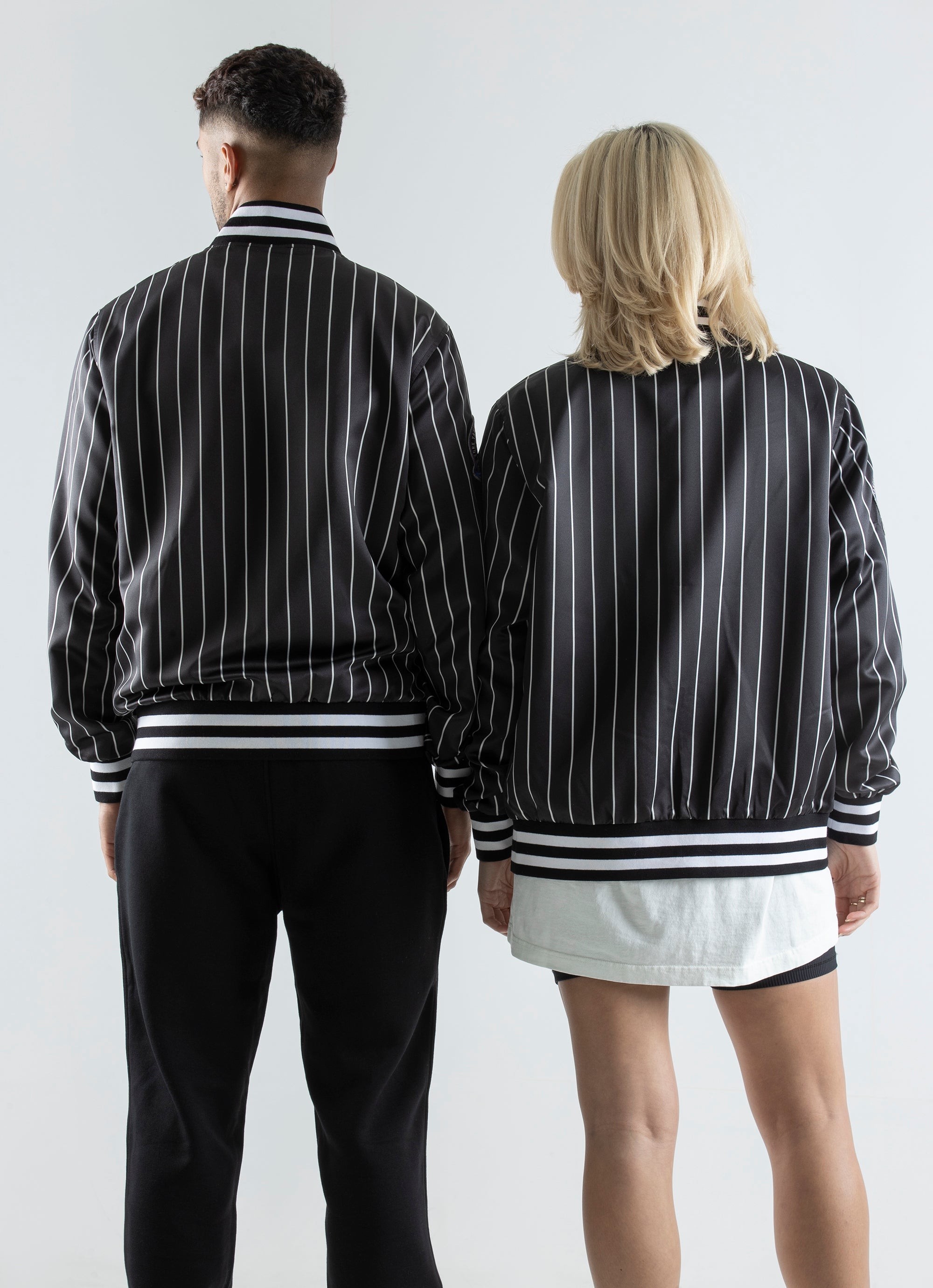 Pinstripe varsity sale jacket