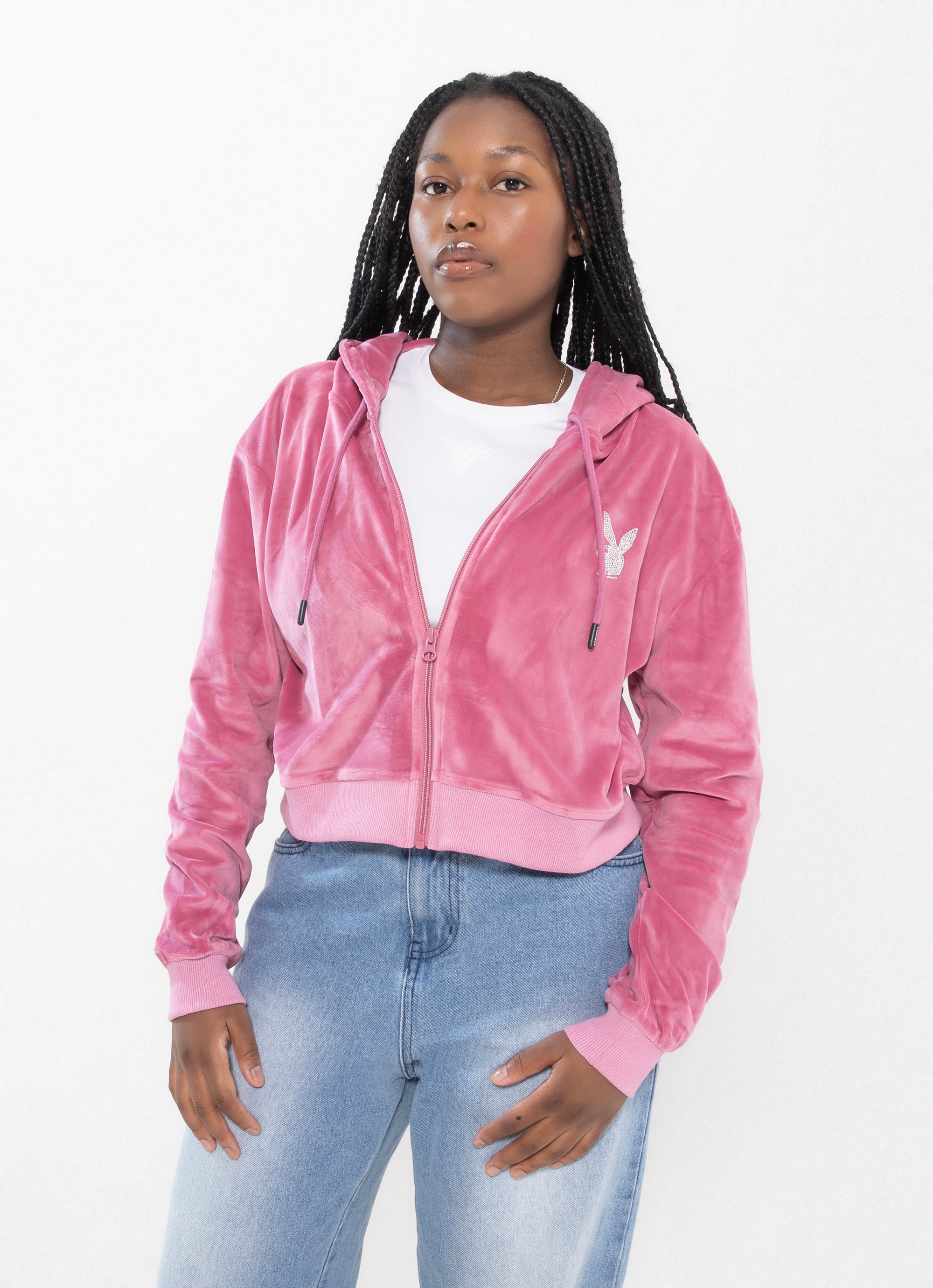 Playboy Bunny O Velour Cropped Zip Through Hoodie in Pink Red Rat